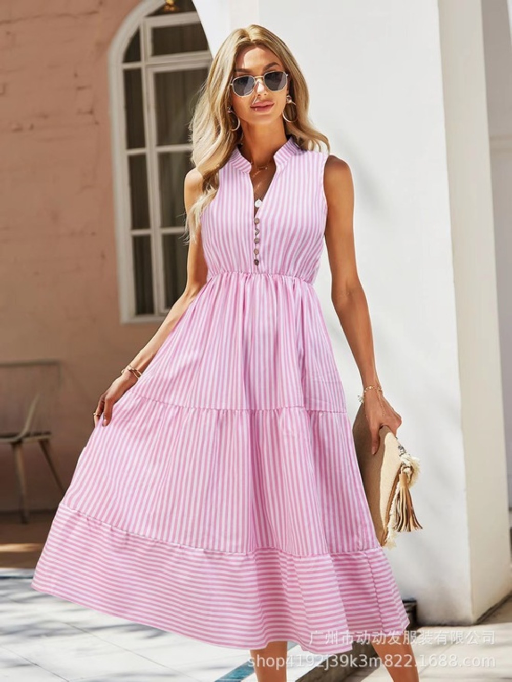 Women's Pink Striped Collared V-Neck Sleeveless Tiered Maxi Dress